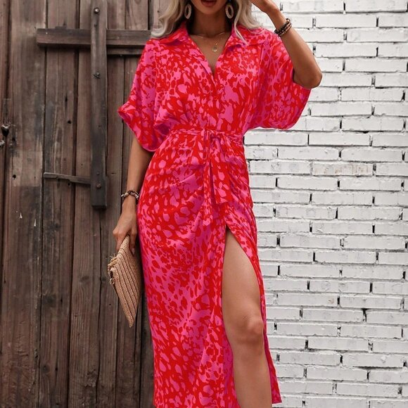 Multicolor Boho Womens Allover Print Batwing Sleeve Belted Shirt Dress - Picture 5 of 5